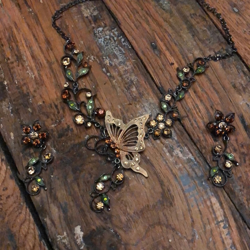 Crystal butterfly necklace and matching earrings